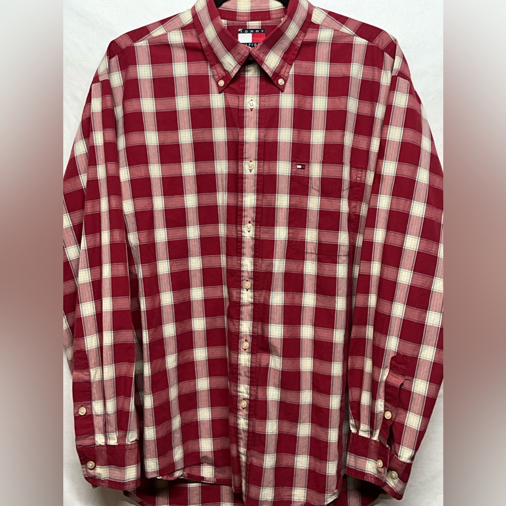 Tommy Hilfiger Men’s‎ Large Red Plaid Gingham Button-Down Dress Shirt Size Large
